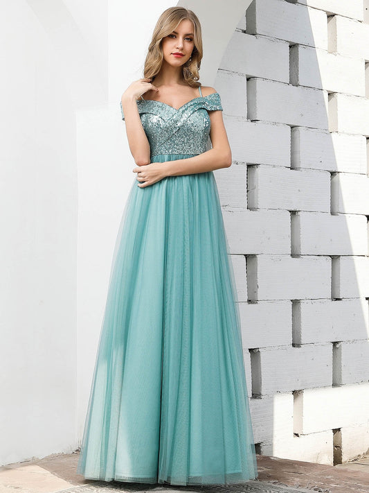 Wholesale Romantic Off Shoulder Tulle and Sequin Bridesmaid Dress