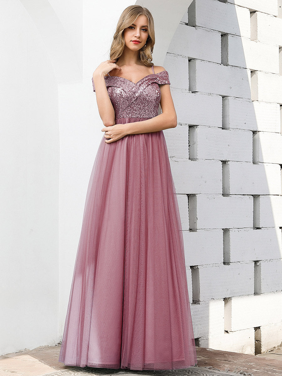 Color=Orchid | Romantic Off Shoulder V Neck Tulle Bridesmaid Dress With Strap-Orchid 1