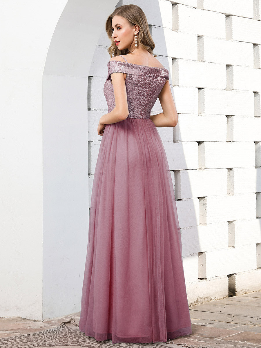 Wholesale Romantic Off Shoulder Tulle and Sequin Bridesmaid Dress