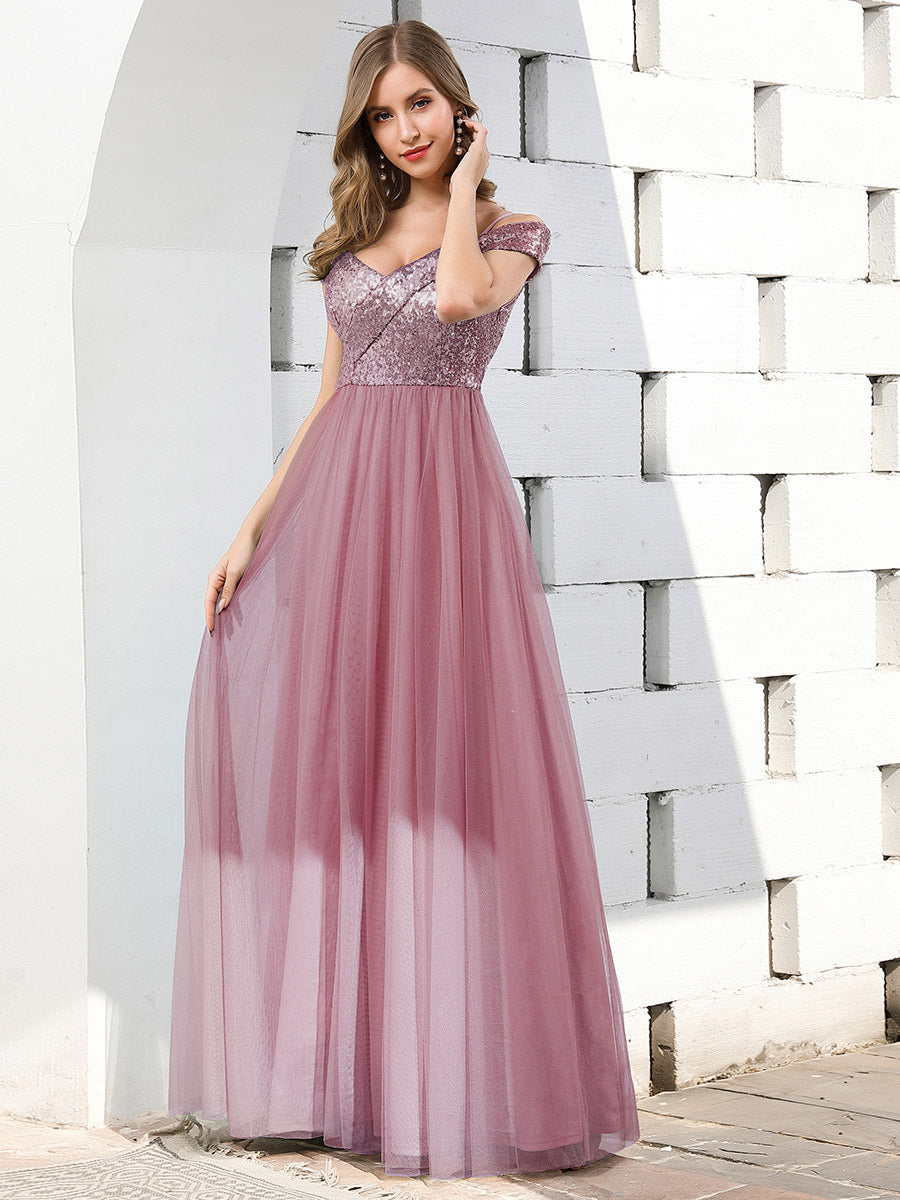 Wholesale Romantic Off Shoulder Tulle and Sequin Bridesmaid Dress