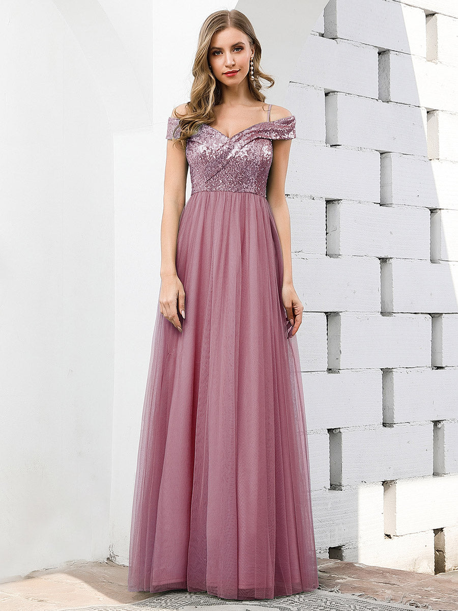 Wholesale Romantic Off Shoulder Tulle and Sequin Bridesmaid Dress