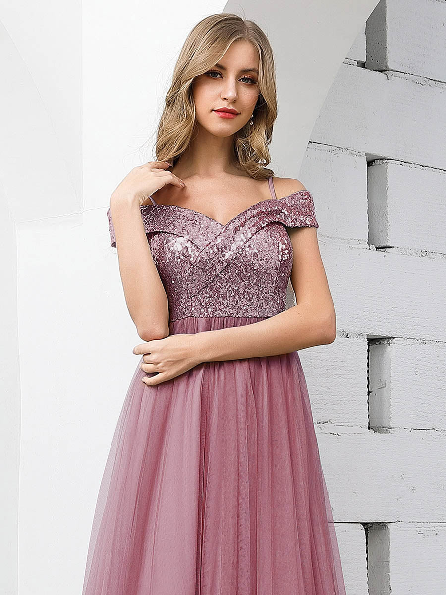 Wholesale Romantic Off Shoulder Tulle and Sequin Bridesmaid Dress