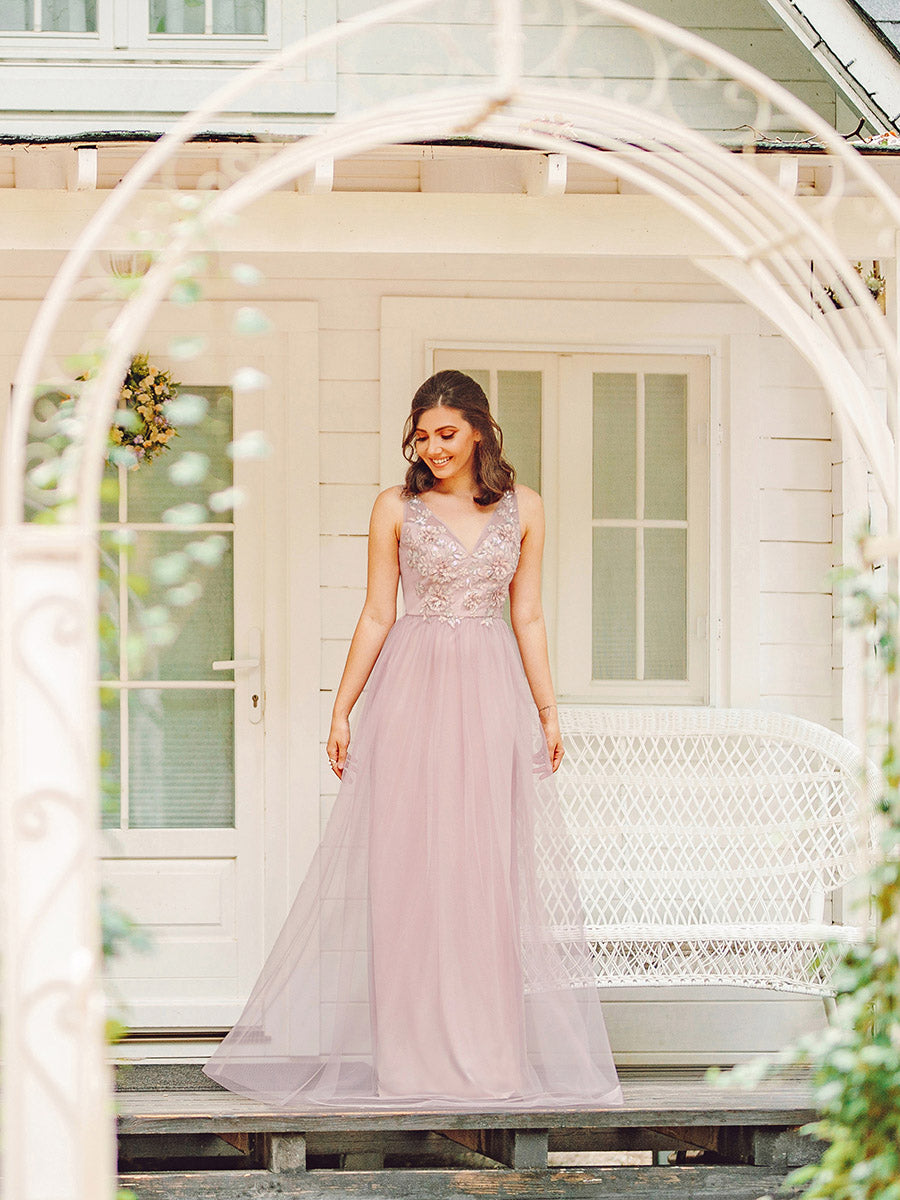 Women's A-Line Floral Appliques Wedding Party Wholesale Bridesmaid Dress