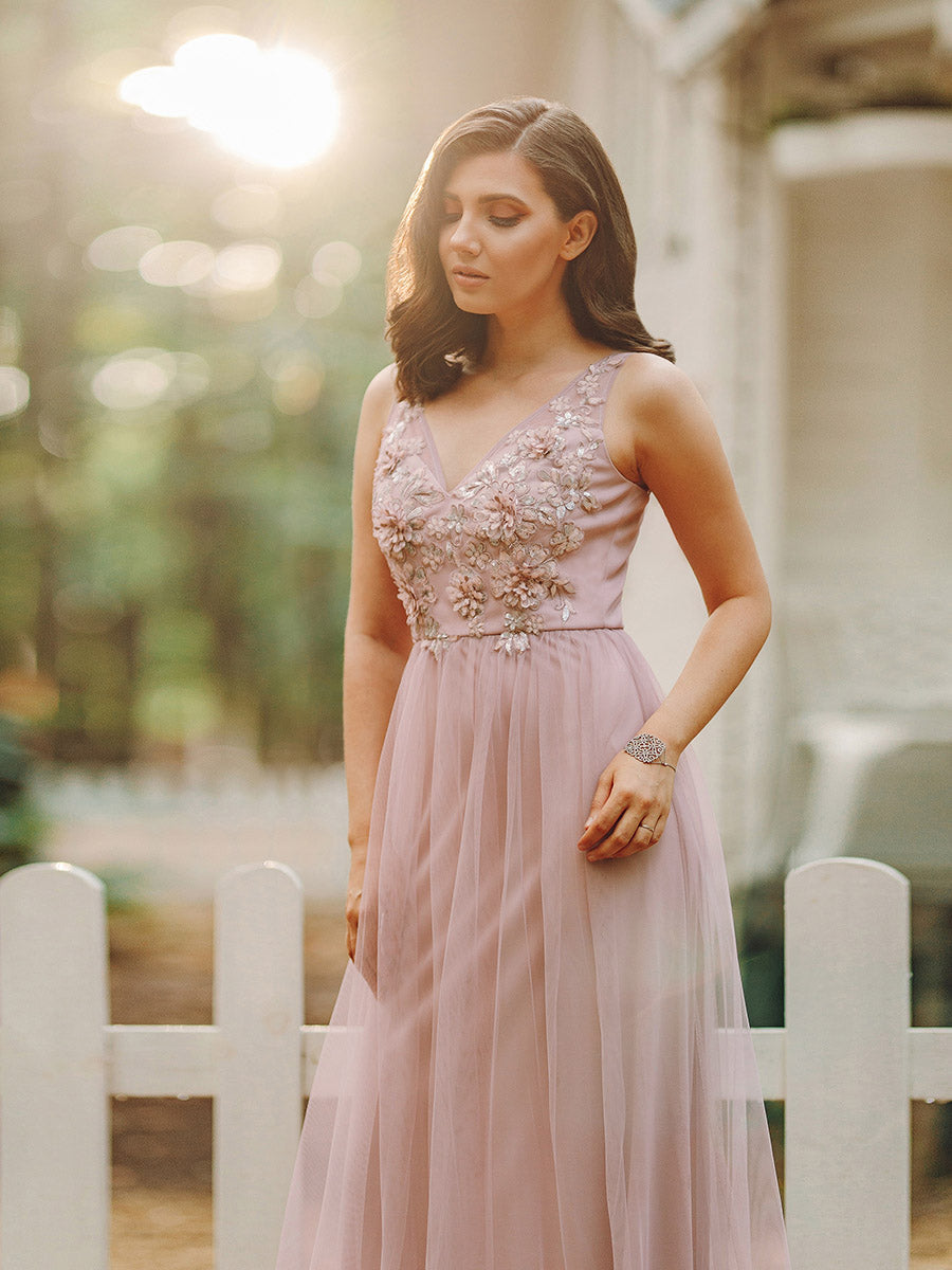 Women's A-Line Floral Appliques Wedding Party Wholesale Bridesmaid Dress