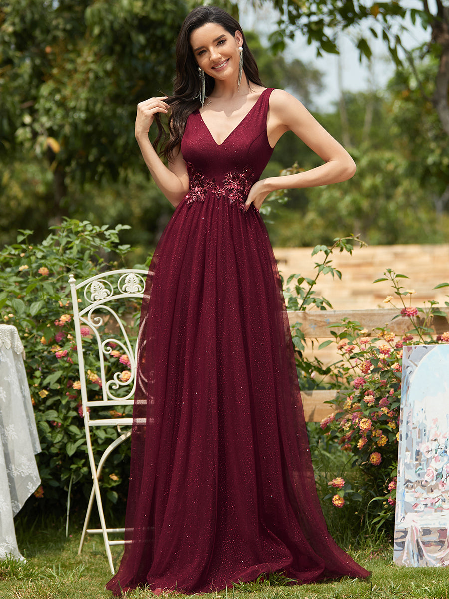 Color=Burgundy | Elegant Deep Double V Neck Tulle Evening Dress With Appliques-Burgundy 1