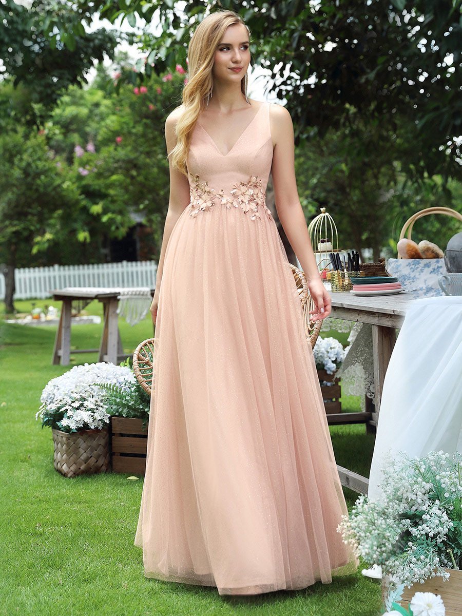 Elegant Deep Double V Neck Tulle Evening Dress with Appliques