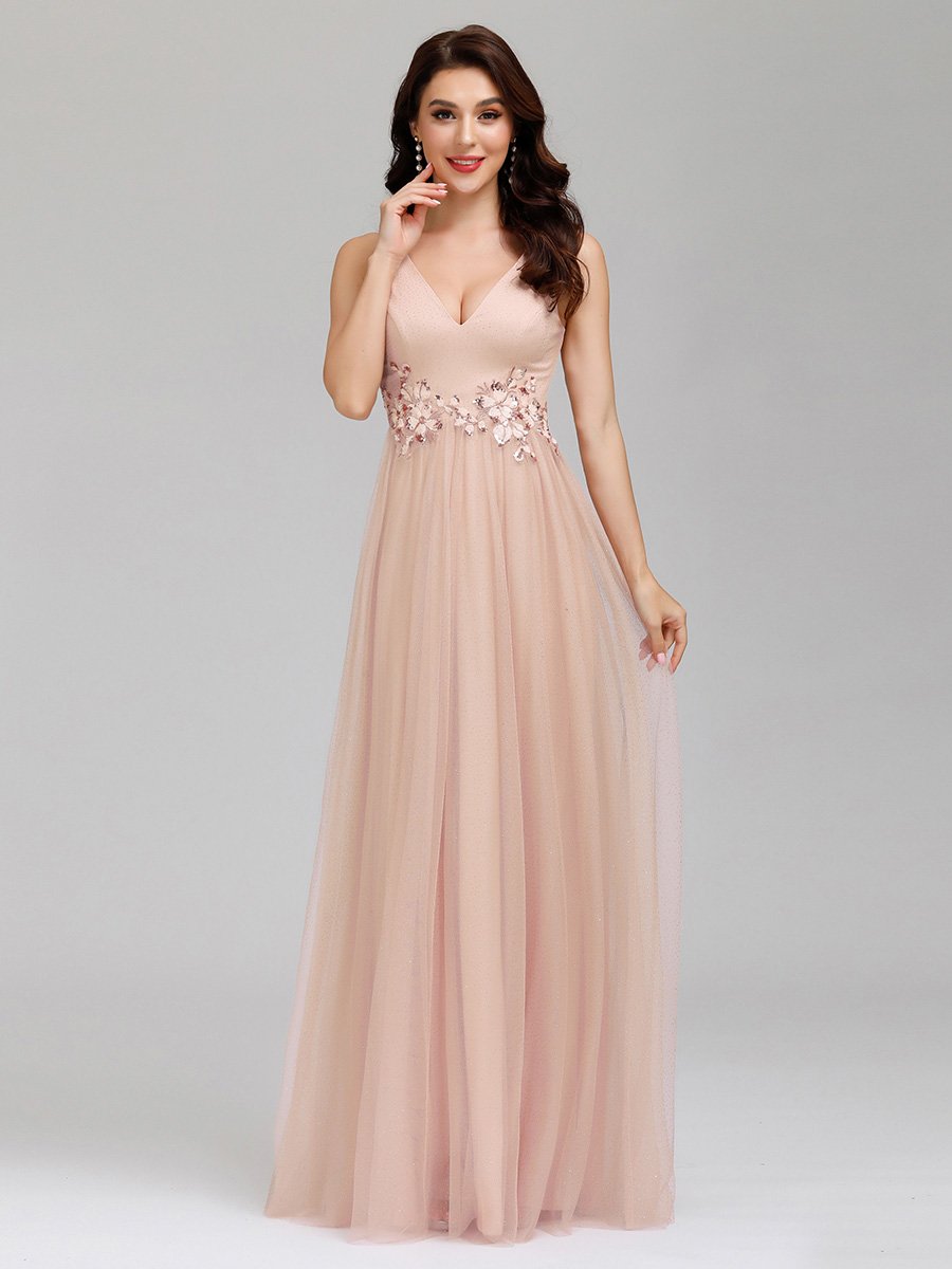 Elegant Deep Double V Neck Tulle Evening Dress with Appliques