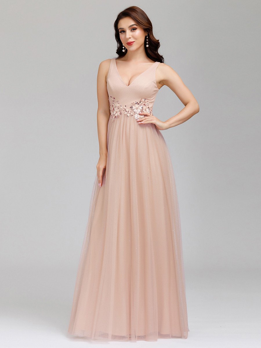 Elegant Deep Double V Neck Tulle Evening Dress with Appliques