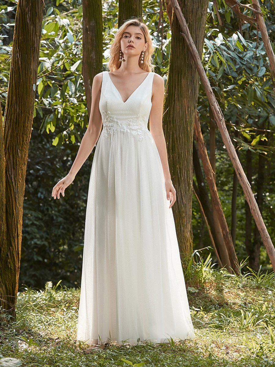 Elegant Deep Double V Neck Tulle Evening Dress with Appliques
