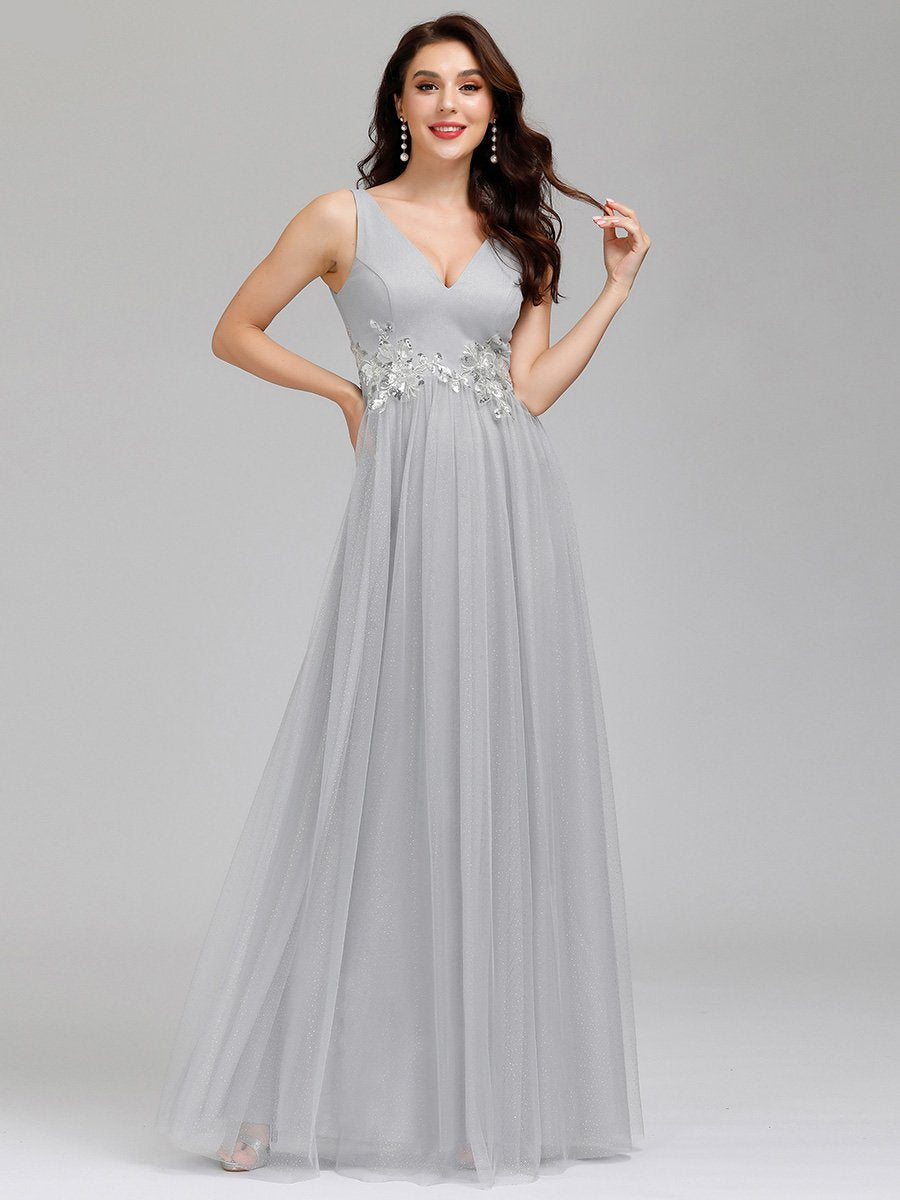 Elegant Deep Double V Neck Tulle Evening Dress with Appliques