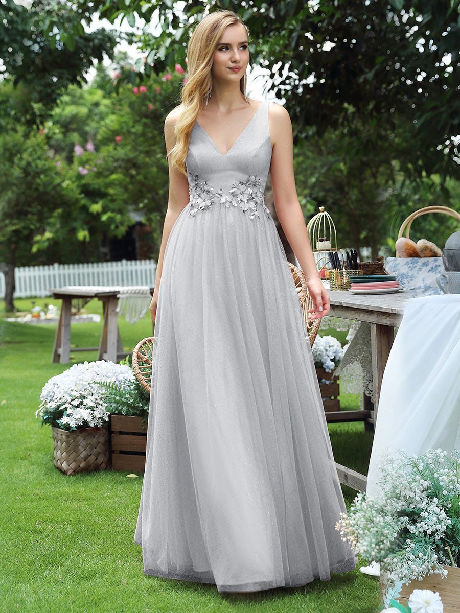 Elegant Deep Double V Neck Tulle Evening Dress with Appliques