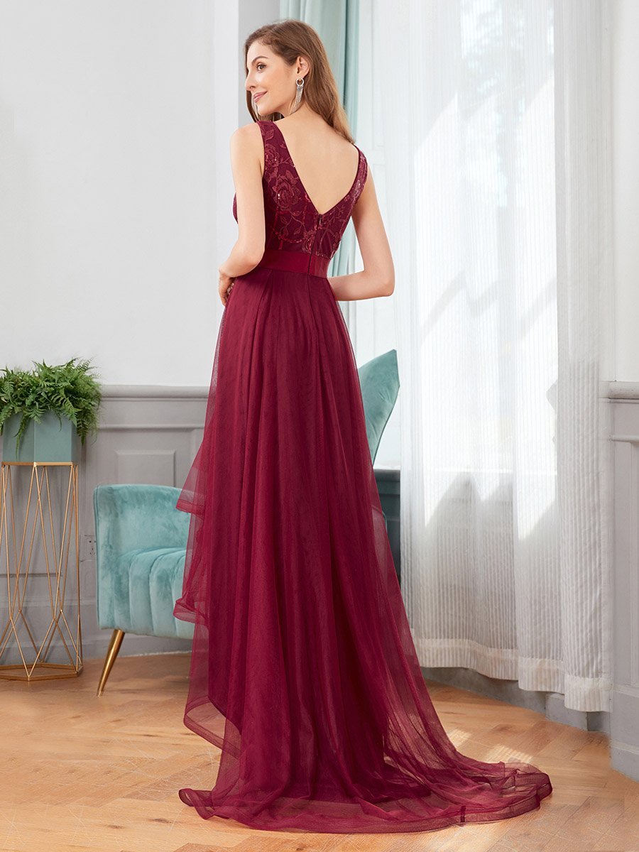 Color=Burgundy | High-Low V Neck Tulle Wholesale Prom Dresses with Sequin Appliques-Burgundy 2