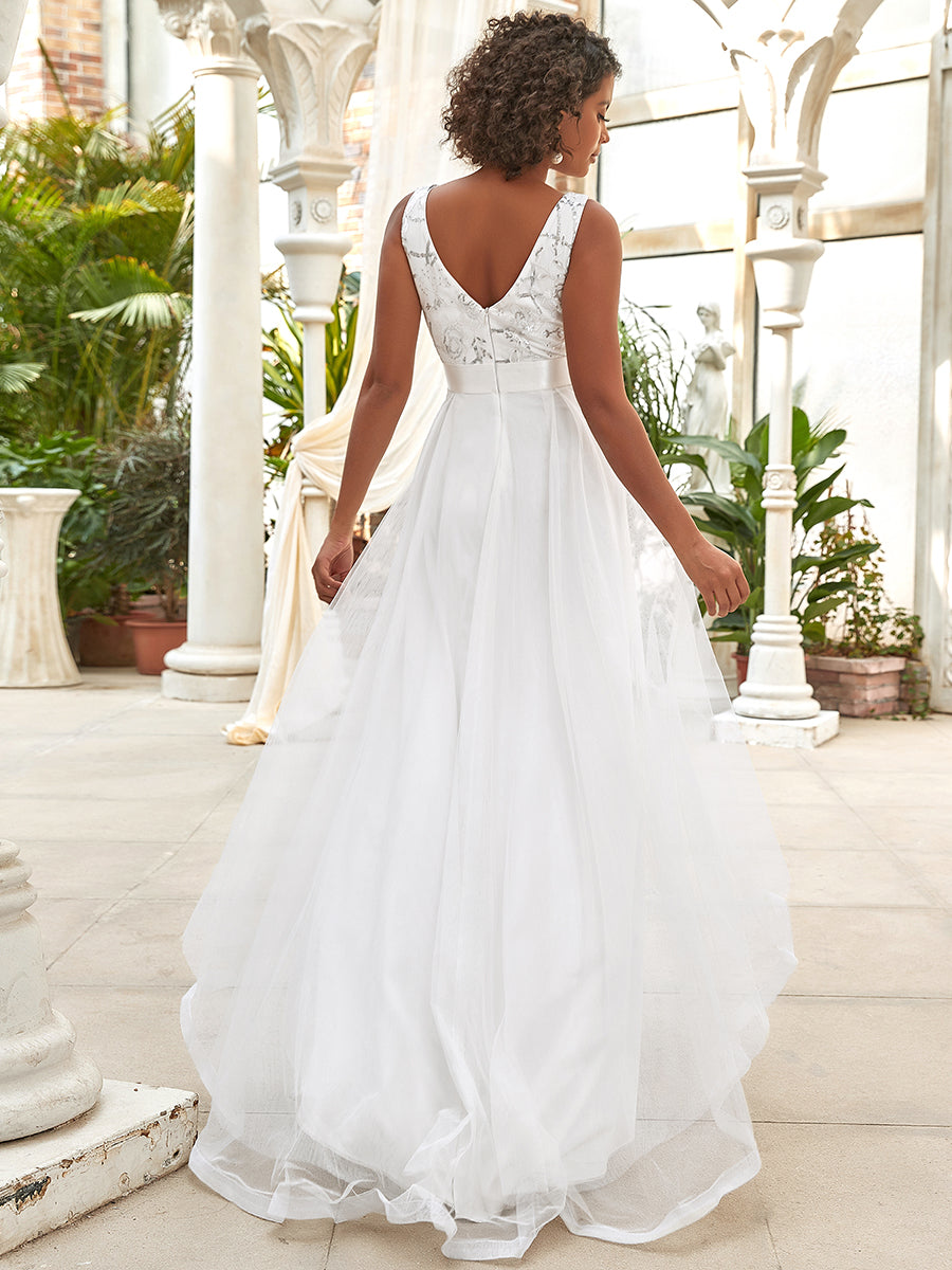 High-Low V Neck Tulle Wholesale Prom Dresses with Sequin Appliques