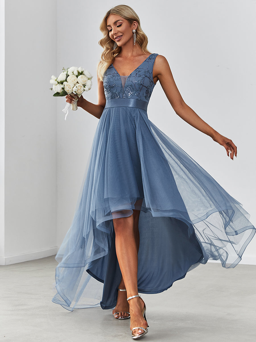 High-Low V Neck Tulle Wholesale Prom Dresses with Sequin Appliques