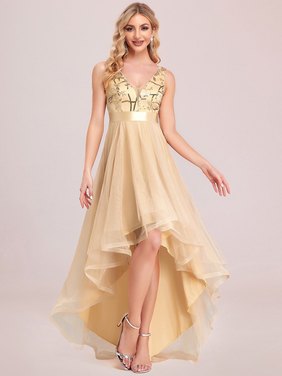 High-Low V Neck Tulle Wholesale Prom Dresses with Sequin Appliques