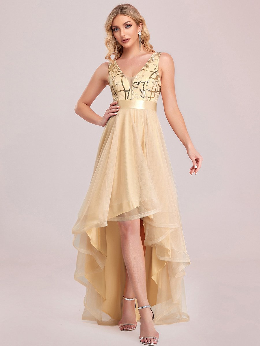 High-Low V Neck Tulle Wholesale Prom Dresses with Sequin Appliques