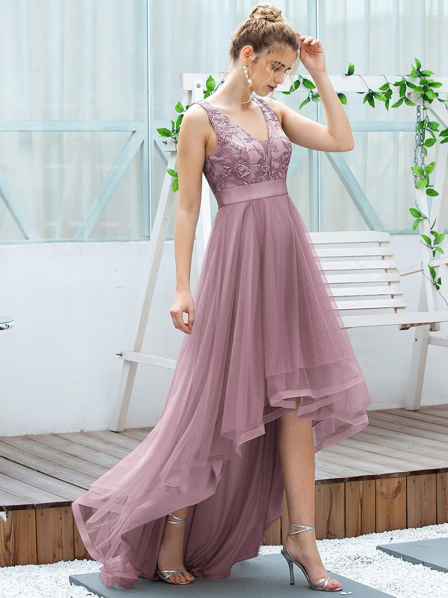High-Low V Neck Tulle Wholesale Prom Dresses with Sequin Appliques