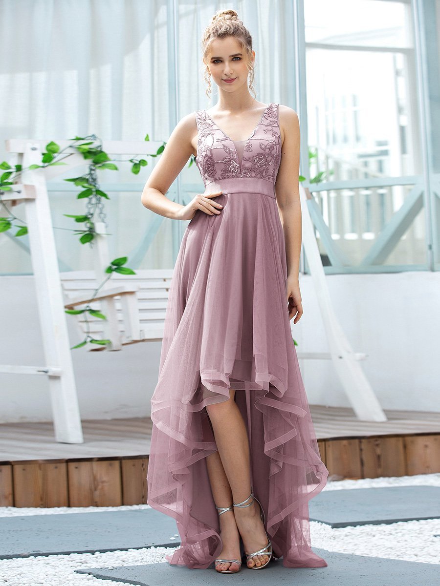 High-Low V Neck Tulle Wholesale Prom Dresses with Sequin Appliques