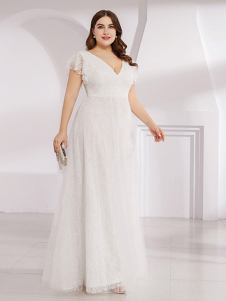 Plus Size Double V Neck Lace Evening Dresses with Ruffle Sleeves