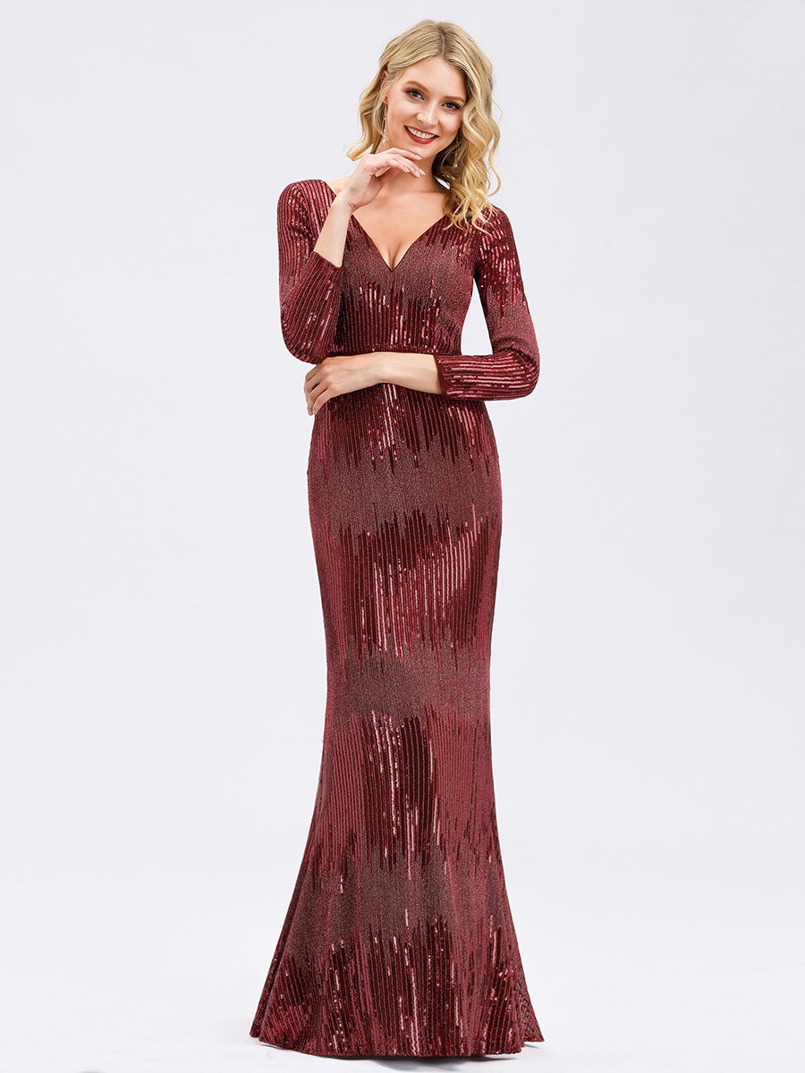 Women's Deep V-Neck Sequin Wholesale Evening Dress with Long Sleeve