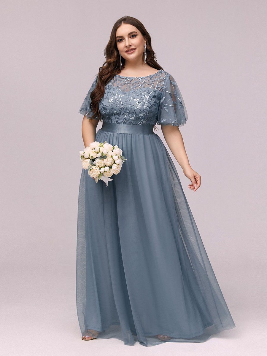 Color=Dusty Navy | Sequin Print Plus Size Wholesale Evening Dresses With Cap Sleeve-Dusty Navy 1
