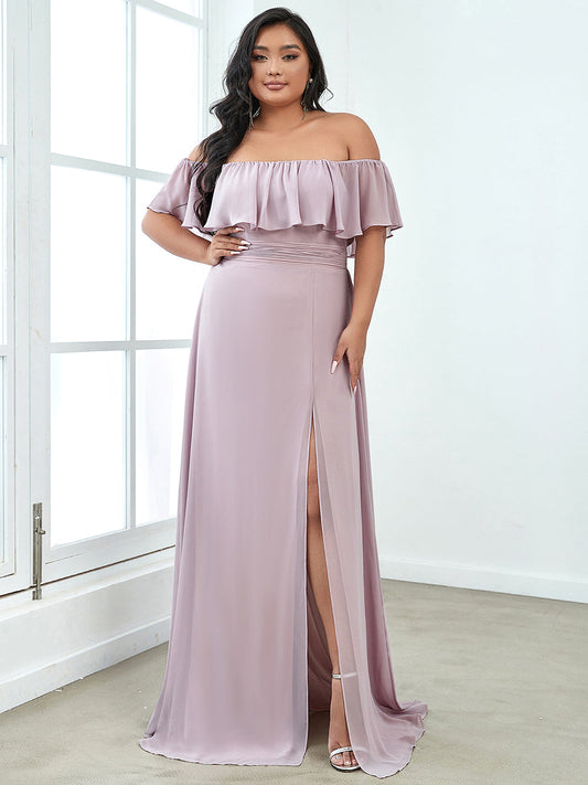 Color=Lalic | Plus Size Women'S A-Line Off Shoulder Ruffle Thigh Split Bridesmaid Dresses Ep00968-Lalic 1