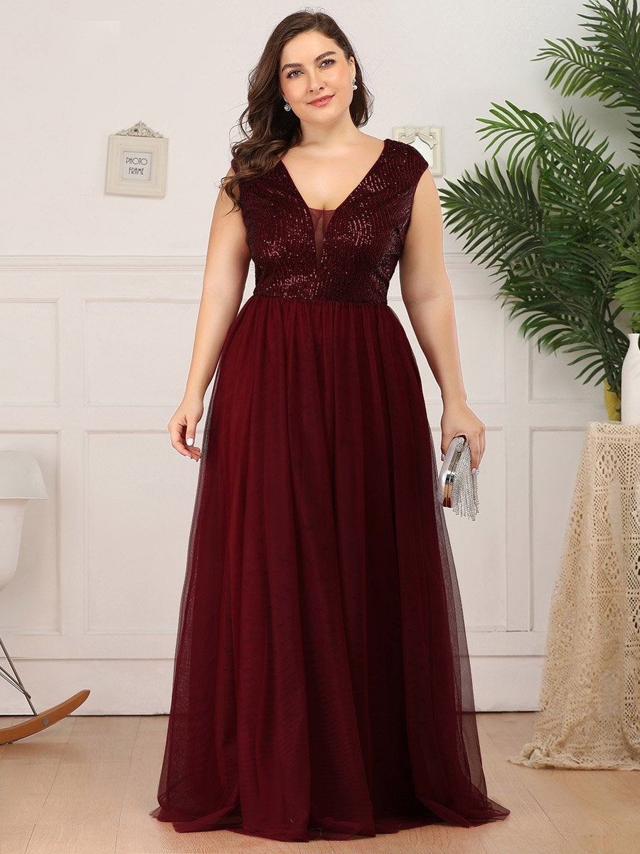 Color=Burgundy | Plus Size Women'S A-Line V-Neck Floor Length Prom Dresses Ep00983-Burgundy 2