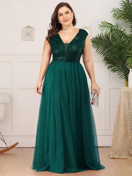 Color=Dark Green | Plus Size Women'S A-Line V-Neck Floor Length Prom Dresses Ep00983-Dark Green 1