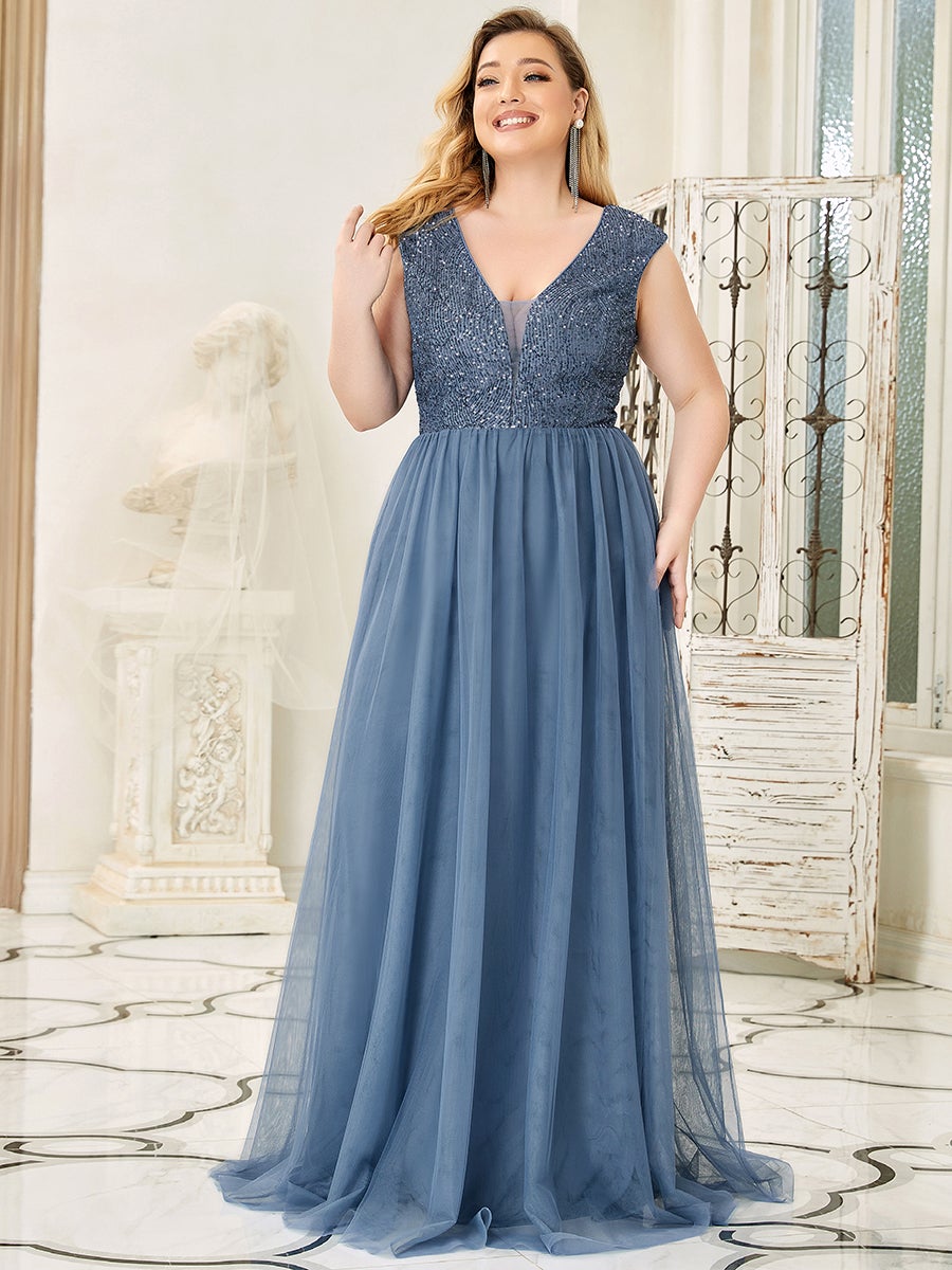 Color=Dusty Navy | Plus Size Women'S A-Line V-Neck Floor Length Prom Dresses Ep00983-Dusty Navy 1