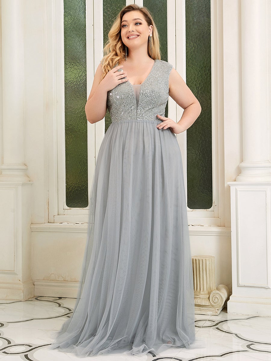 Color=Grey | Plus Size Women'S A-Line V-Neck Floor Length Prom Dresses Ep00983-Grey 1