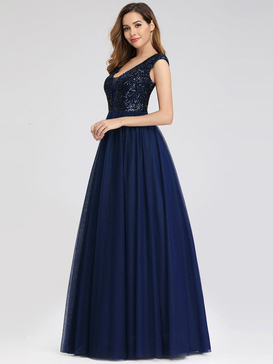 Women's A-Line V-Neck Sequin Dress Floor-Length Prom Dresses