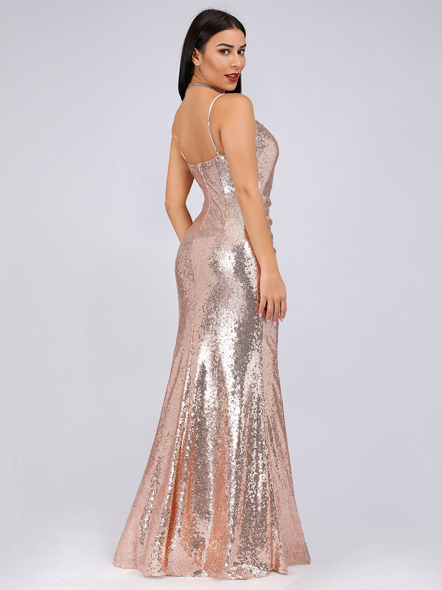 Sexy Spaghetti Straps Fishtail Sequin Wholesale Evening Gowns