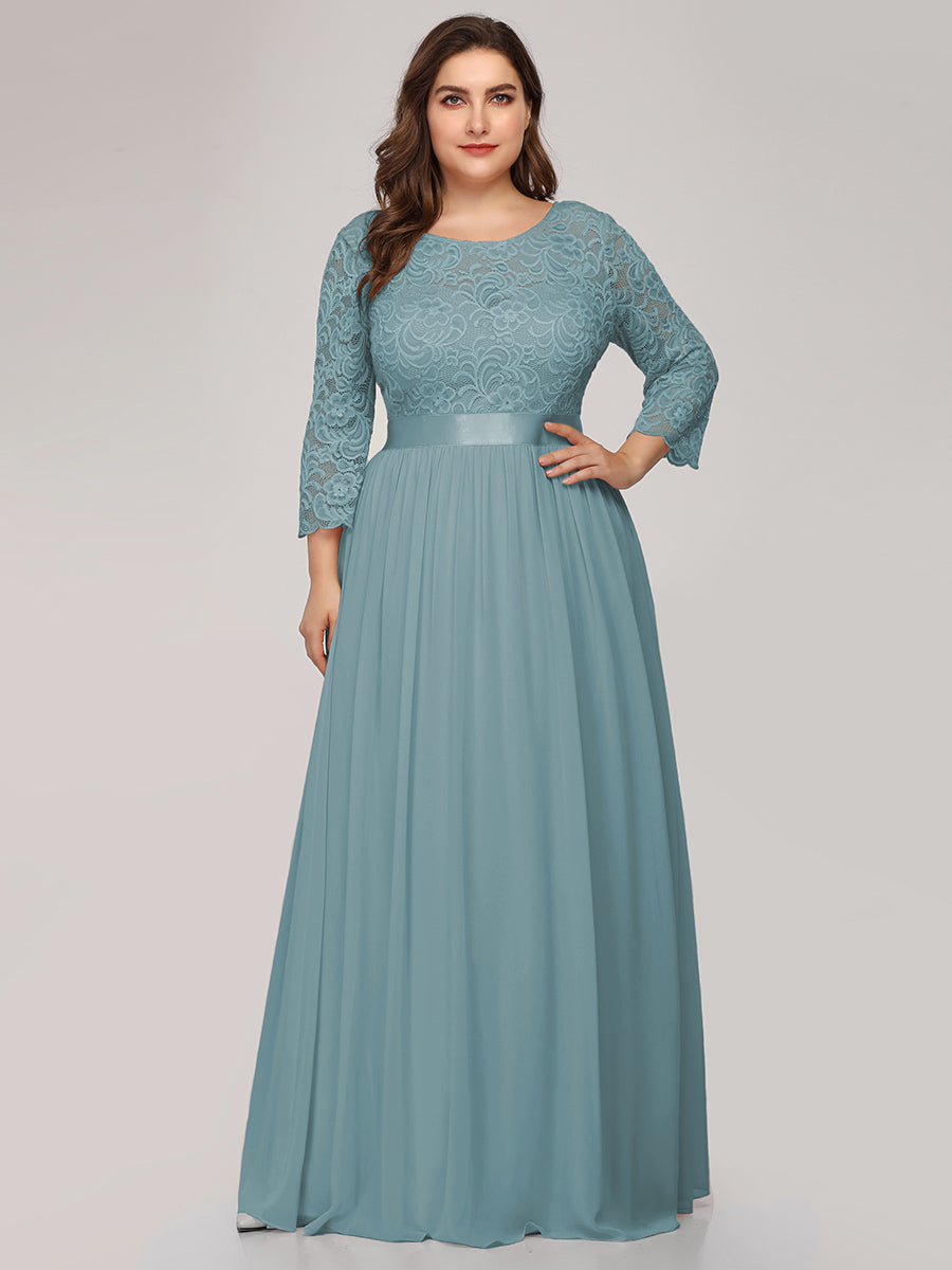 Color=Dusty blue | Plus Size Lace Wholesale Bridesmaid Dresses With Long Lace Sleeve-Dusty Blue 1