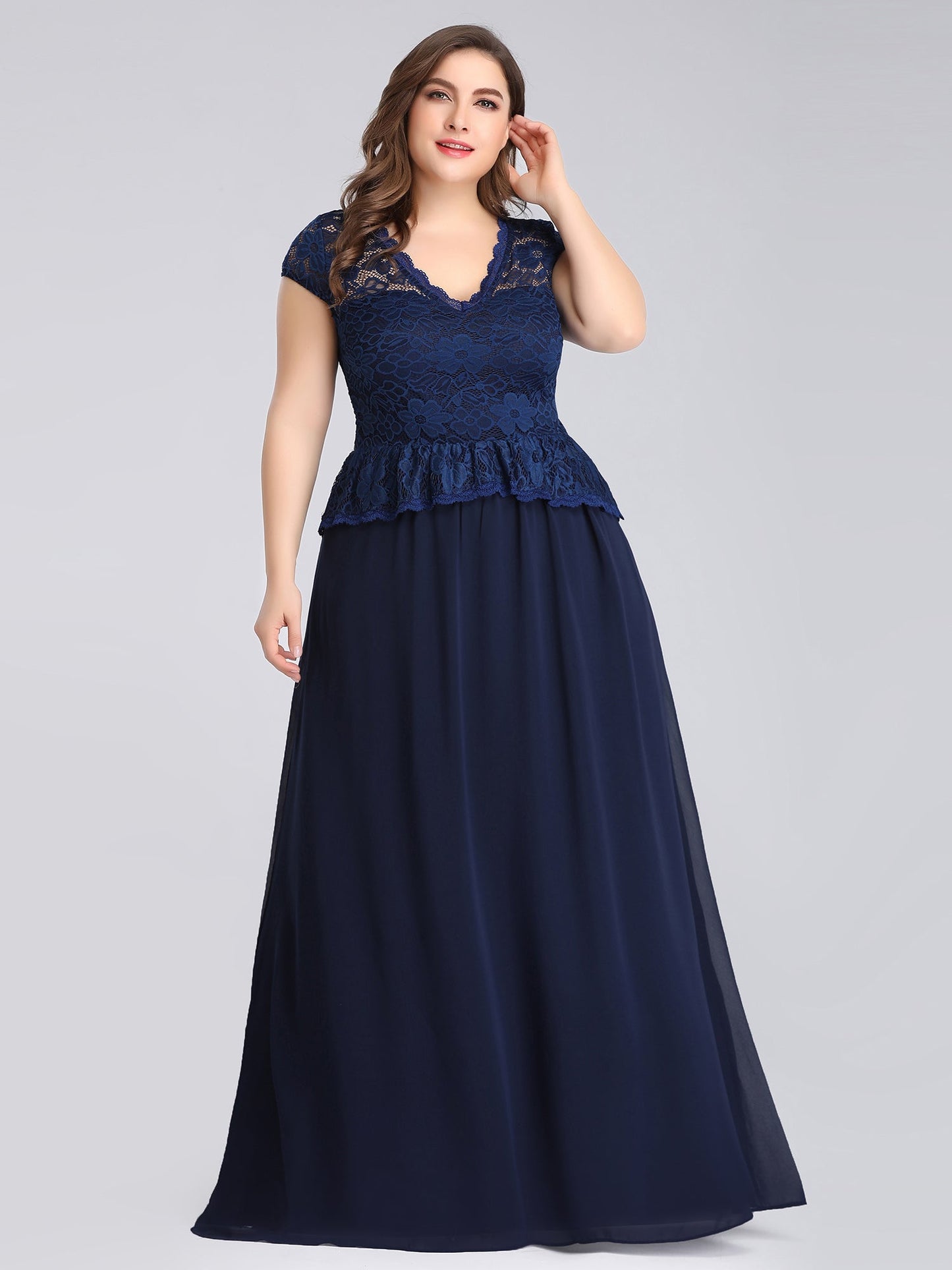 Color=Navy Blue | Plus Size Elegant Lace V-Necklinen Evening Dresses Ep07672-Navy Blue 1