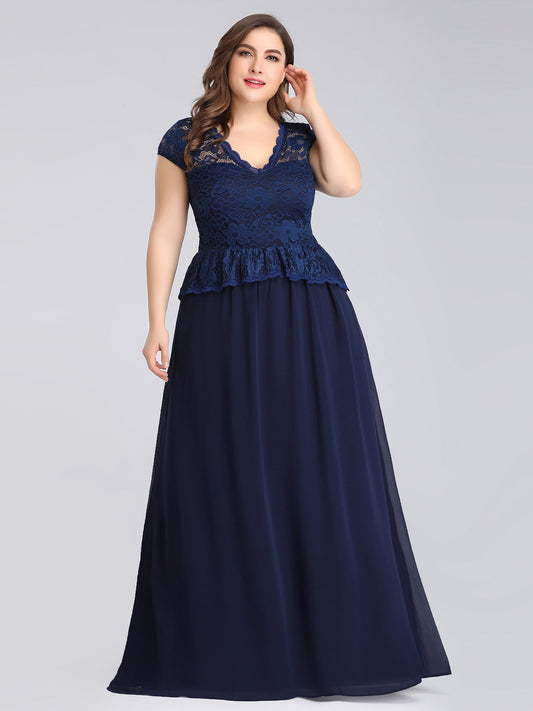 Color=Navy Blue | Plus Size Elegant Lace V-Necklinen Evening Dresses Ep07672-Navy Blue 1