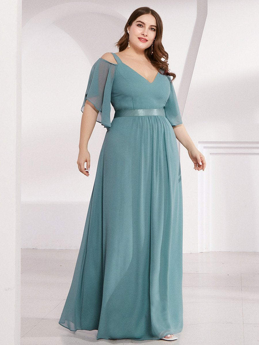 Cold Shoulder Chiffon Wholesale Bridesmaid Dress with Ruffle Sleeves