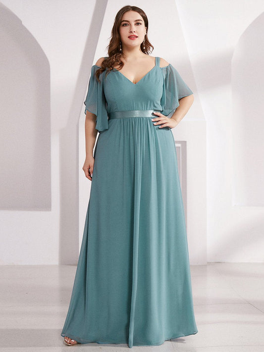 Color=Dusty blue | Plus Size Women'S A-Line Off Shoulder Floor Length Bridesmaid Dresses Ep07871-Dusty Blue 1