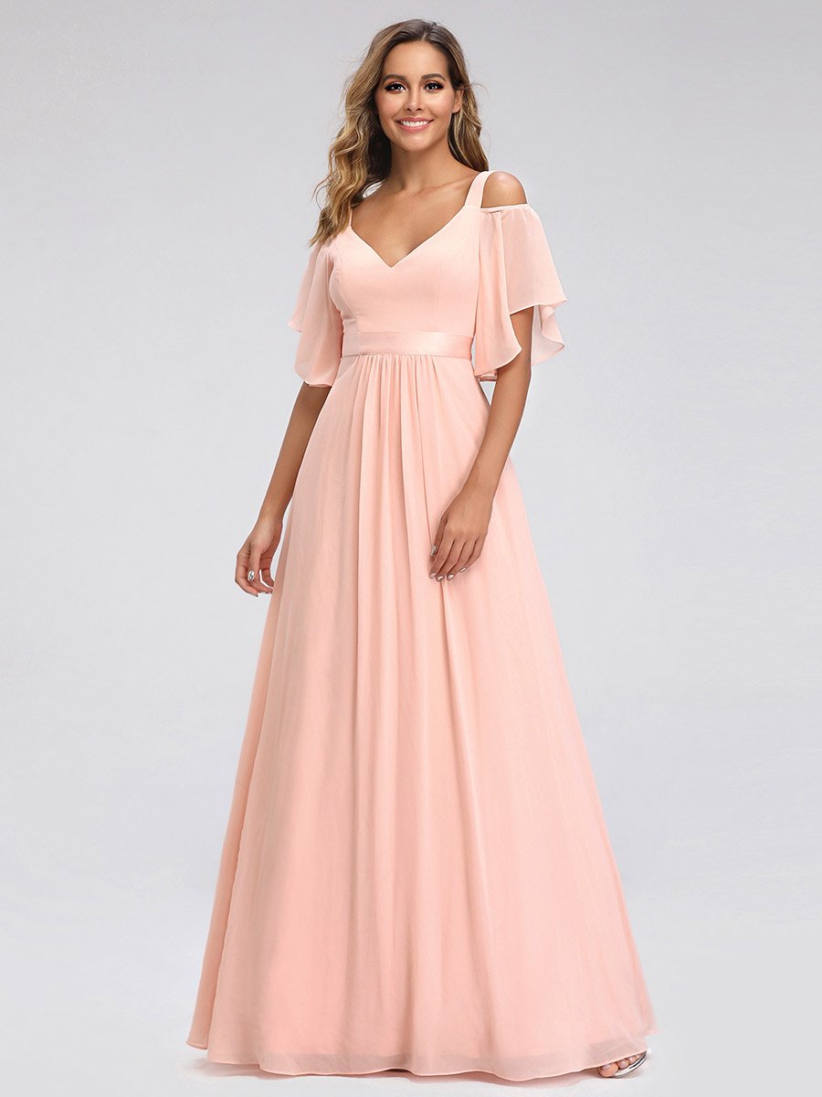Cold Shoulder Chiffon Wholesale Bridesmaid Dress with Ruffle Sleeves