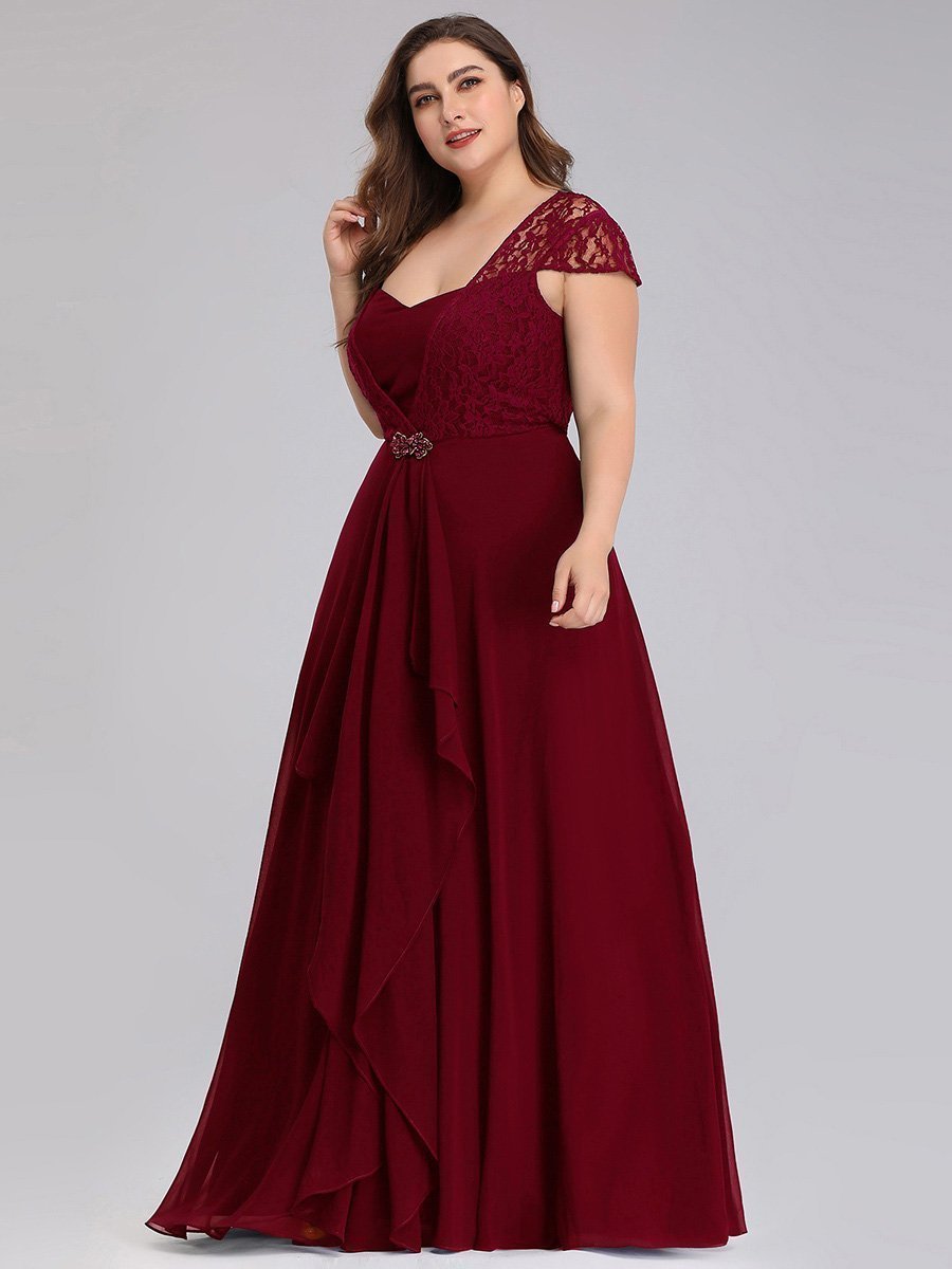 Plus Size Sweetheart Cap Sleeve Floral Lace Wedding Guest Dress