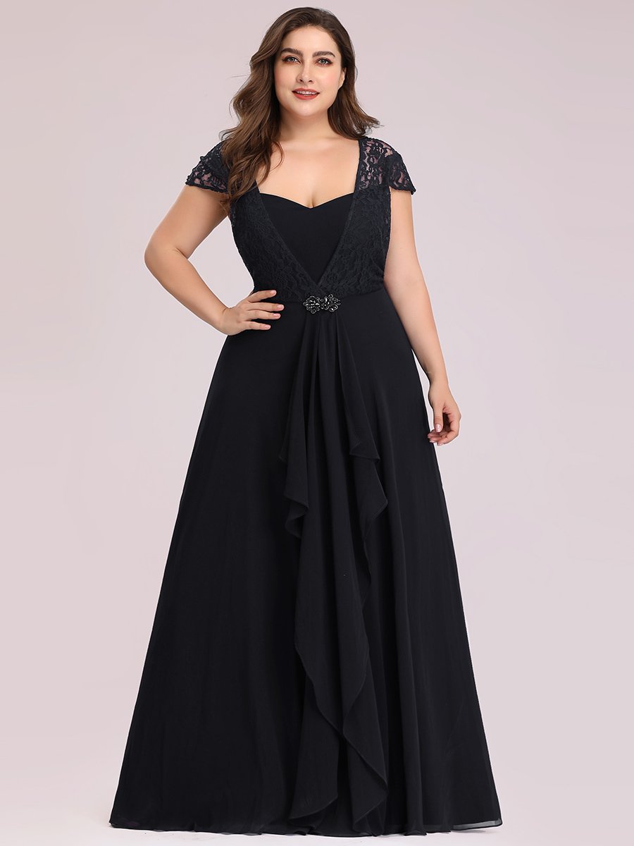 Color=Black | Plus Size Women'S Sweetheart Cap Sleeve Floral Lace Wedding Guest Dress-Black 1
