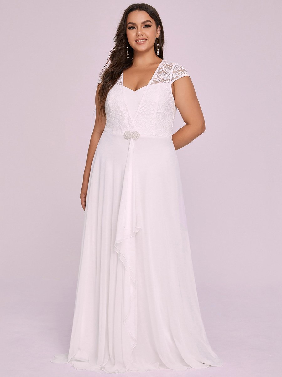 Color=Cream | Plus Size Women'S Sweetheart Cap Sleeve Floral Lace Wedding Guest Dress-Cream 1