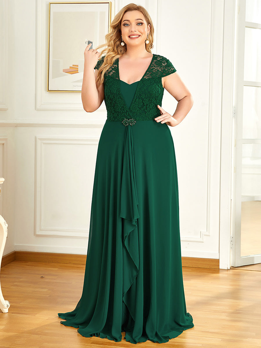 Color=Dark Green | Plus Size Women'S Sweetheart Cap Sleeve Floral Lace Wedding Guest Dress-Dark Green 1