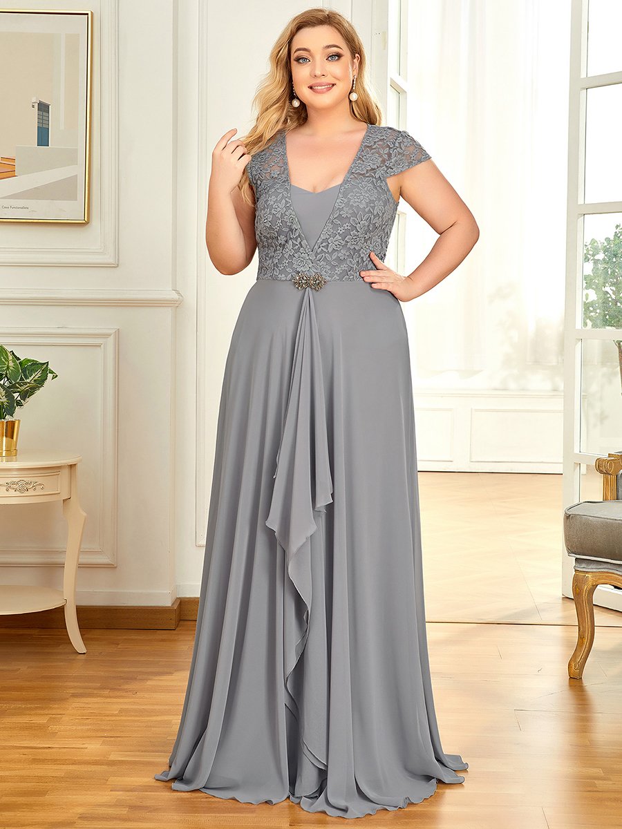 Color=Grey | Plus Size Women'S Sweetheart Cap Sleeve Floral Lace Wedding Guest Dress-Grey 1