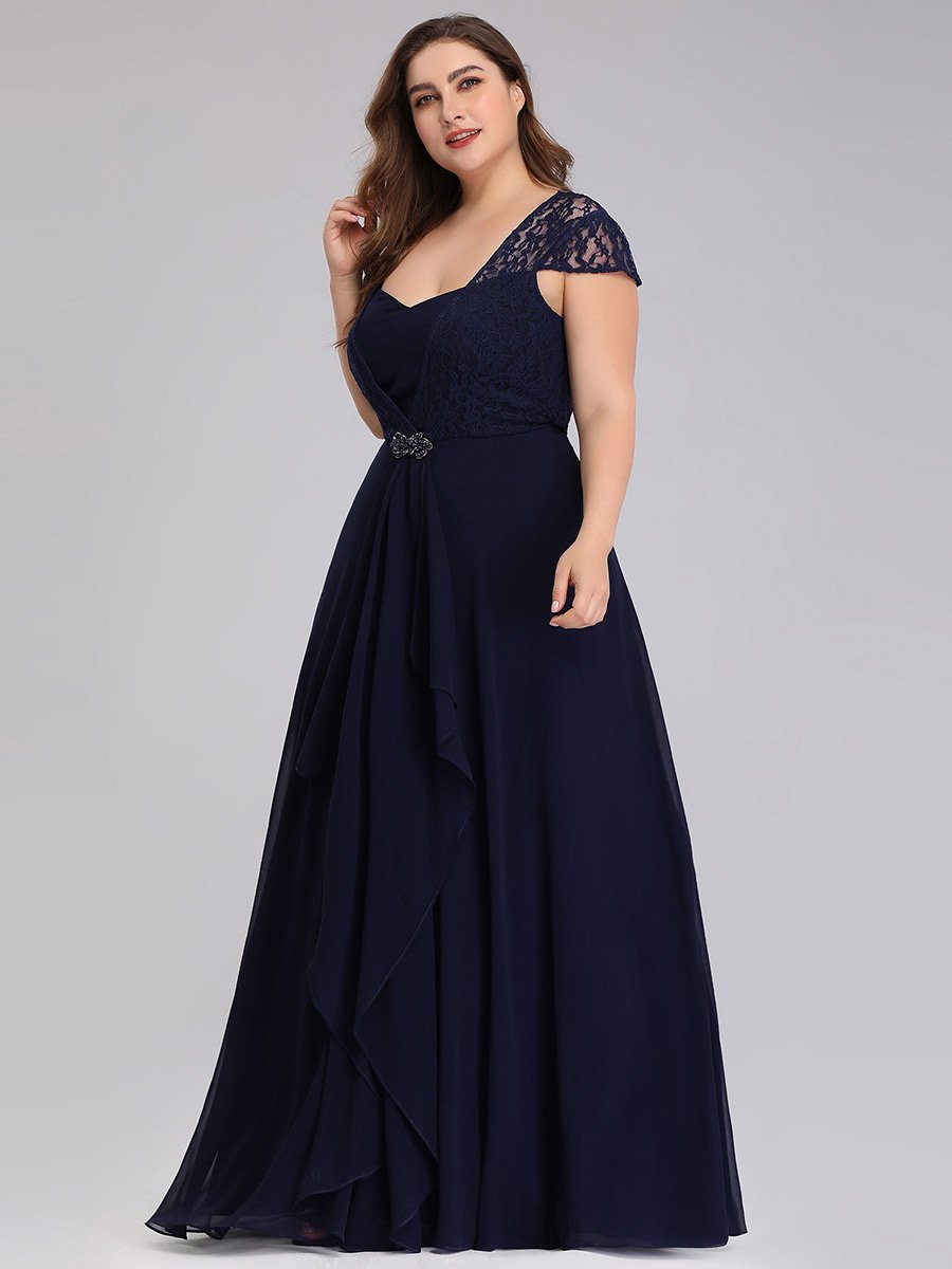 Plus Size Sweetheart Cap Sleeve Floral Lace Wedding Guest Dress