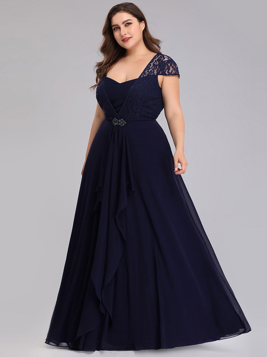 Plus Size Sweetheart Cap Sleeve Floral Lace Wedding Guest Dress