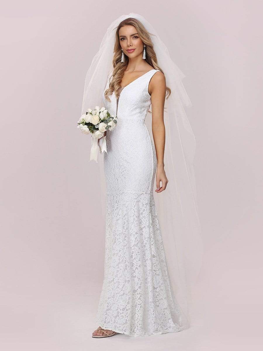 Dainty Deep V Neck Sleeveless Wholesale Lace Wedding Dress