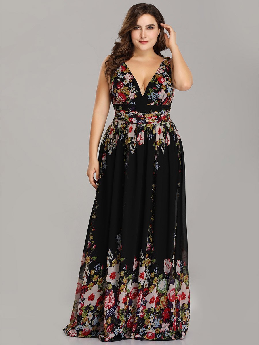Color=Black and printed | double-v-neck-maxi-long-wholesale-plus-size-evening-dresses-epp9016-Black and printed 1