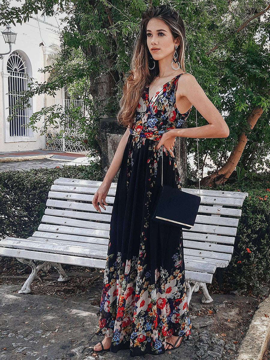 Color=Black & Printed | Double V-Neck Elegant Maxi Long Wholesale Evening Dresses-Black & Printed 1