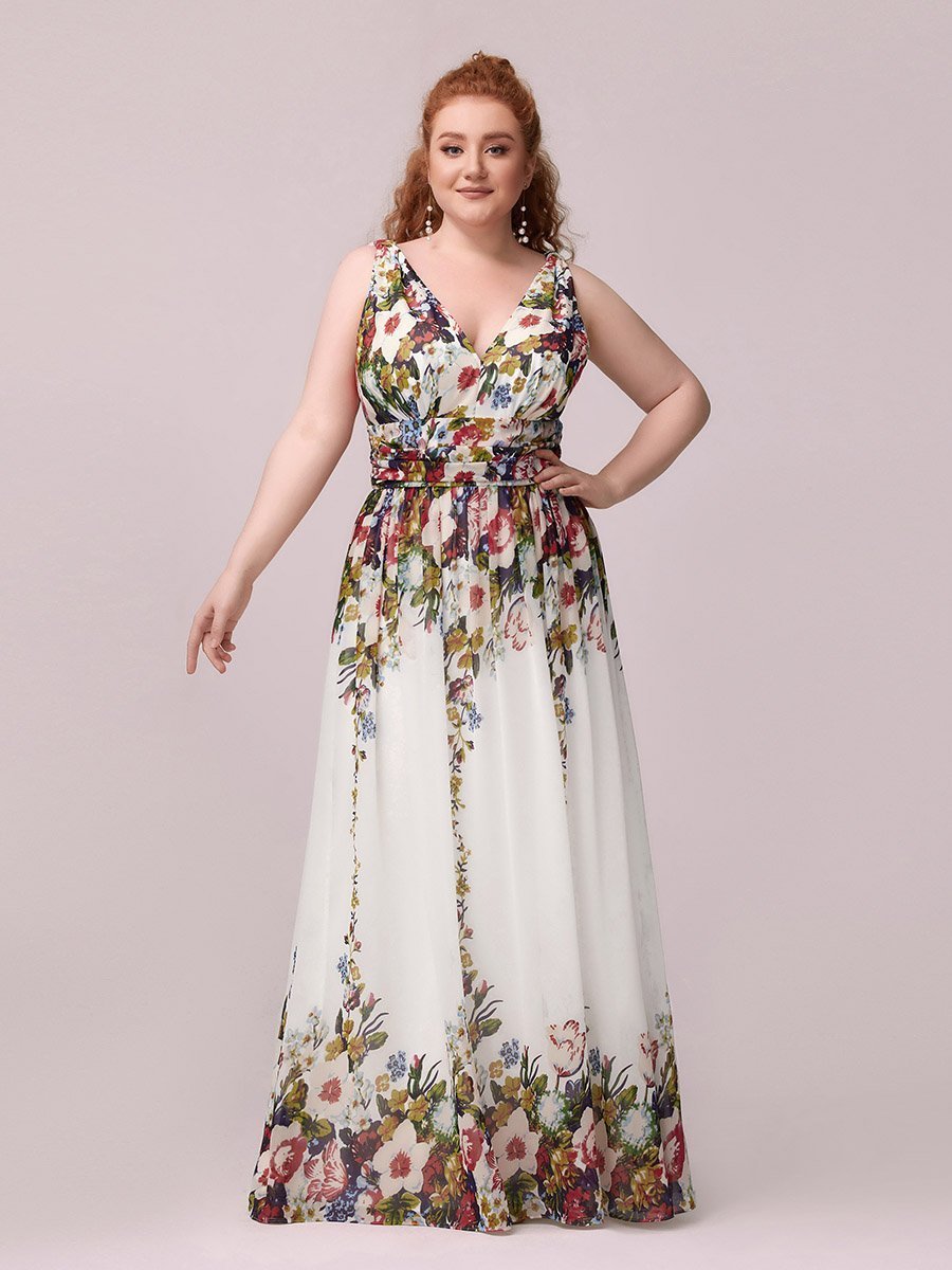 Color=Cream & Printed  | double-v-neck-maxi-long-wholesale-plus-size-evening-dresses-epp9016-Cream & Printed 1