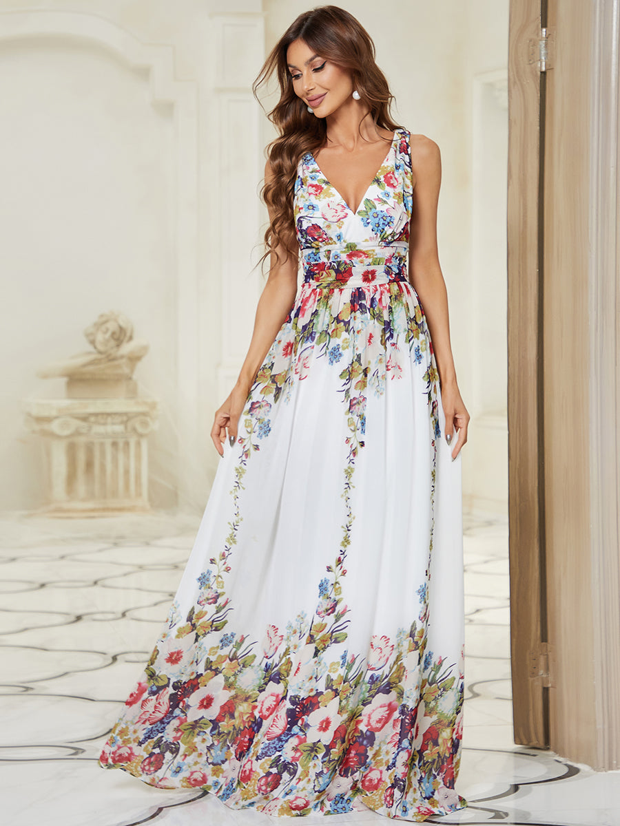 COLOR=Cream & Printed | Sleeveless V-Neck Semi-Formal Chiffon Maxi Dress-Cream & Printed 1